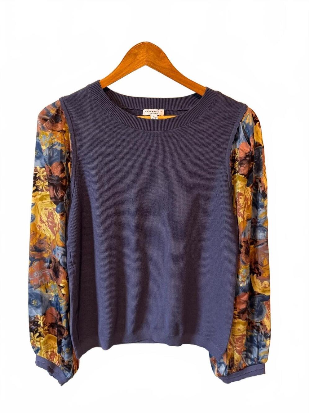 Current Air Los Angeles Knit Top Floral Chiffon Contrast Sleeve Navy Blue Size L